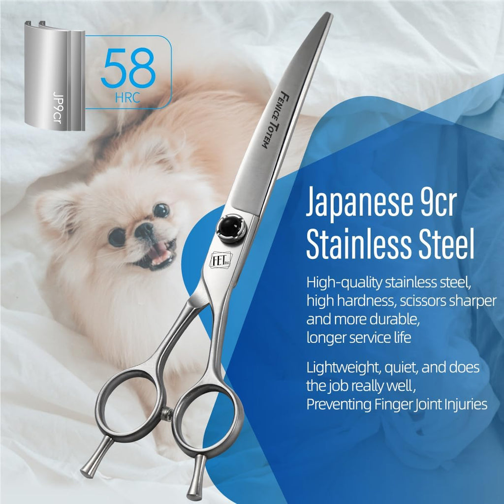 Fenice Totem professional curved scissors displaying the ergonomic finger rest handle design.