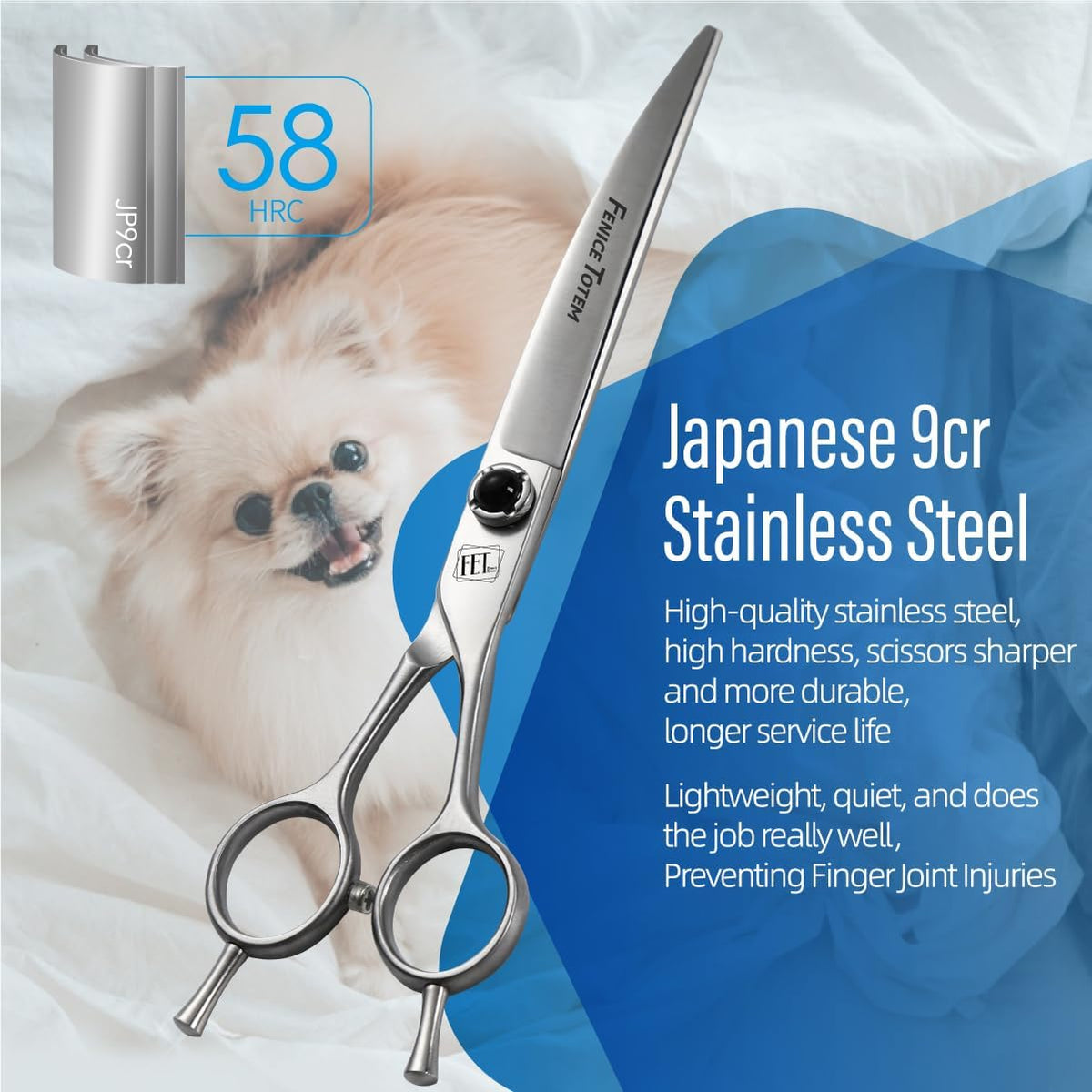 Fenice Totem professional curved scissors displaying the ergonomic finger rest handle design.