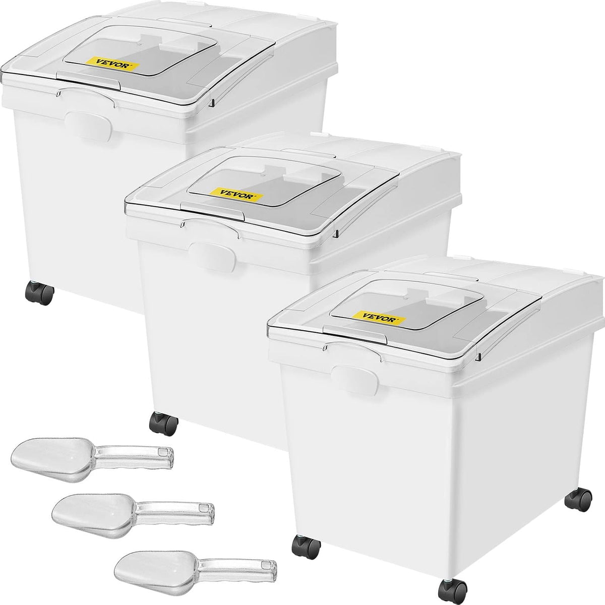 VEVOR Ingredient Storage Bin, 2 x 15L Dispenser Bin with 2 Measuring Cups, Attachable Casters and Airtight Lid, 2 Pcs/Set Dog Pet Food Storage Container, PP Material Kitchen Rice Cereal Flour Bin - Image 14