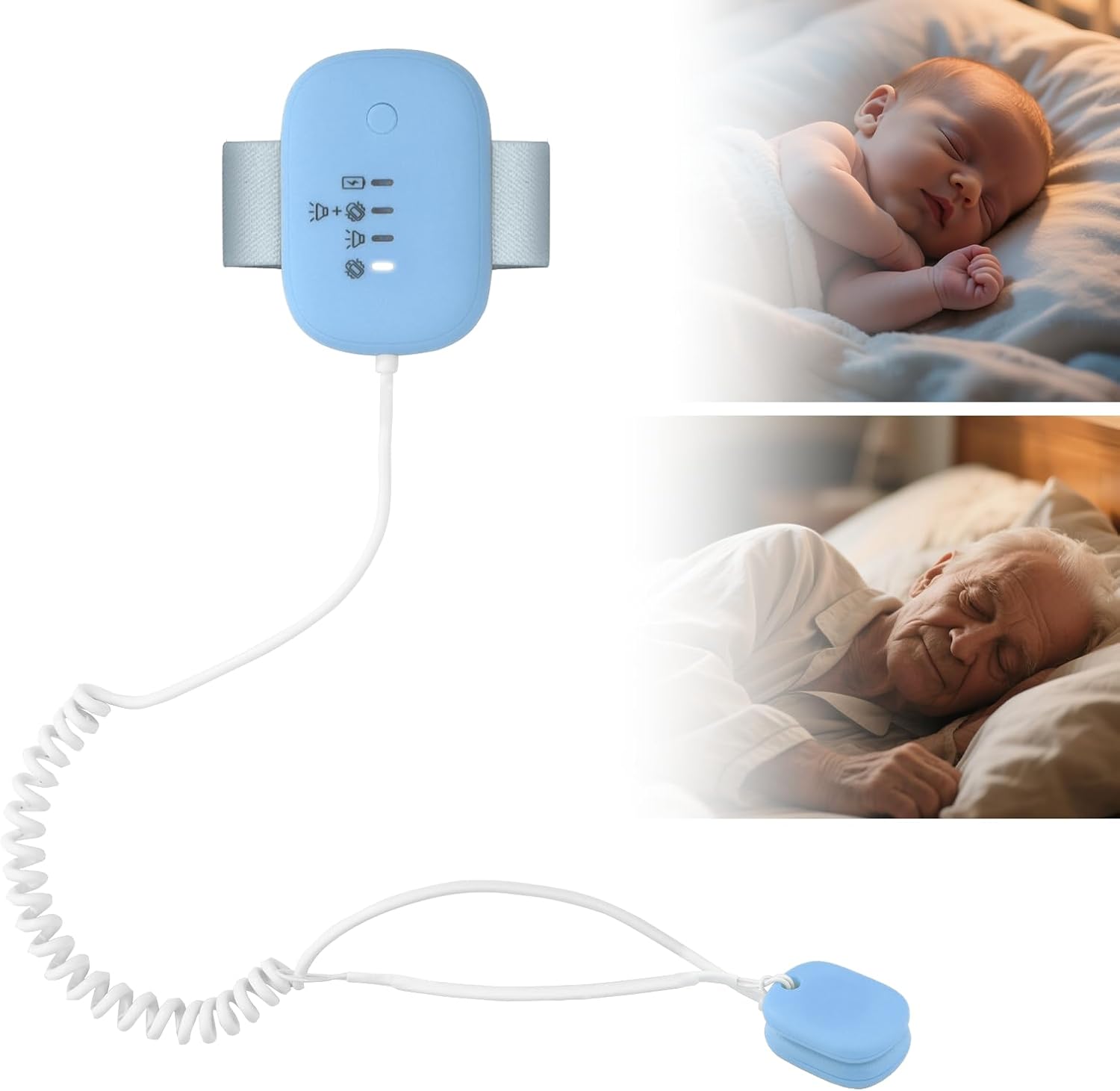 QCBF bedwetting alarm front view blue color potty training device.