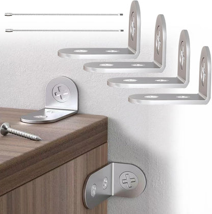 PTKSZGT furniture anchors front view showing the four pieces metal bracket kit for home baby proofing.