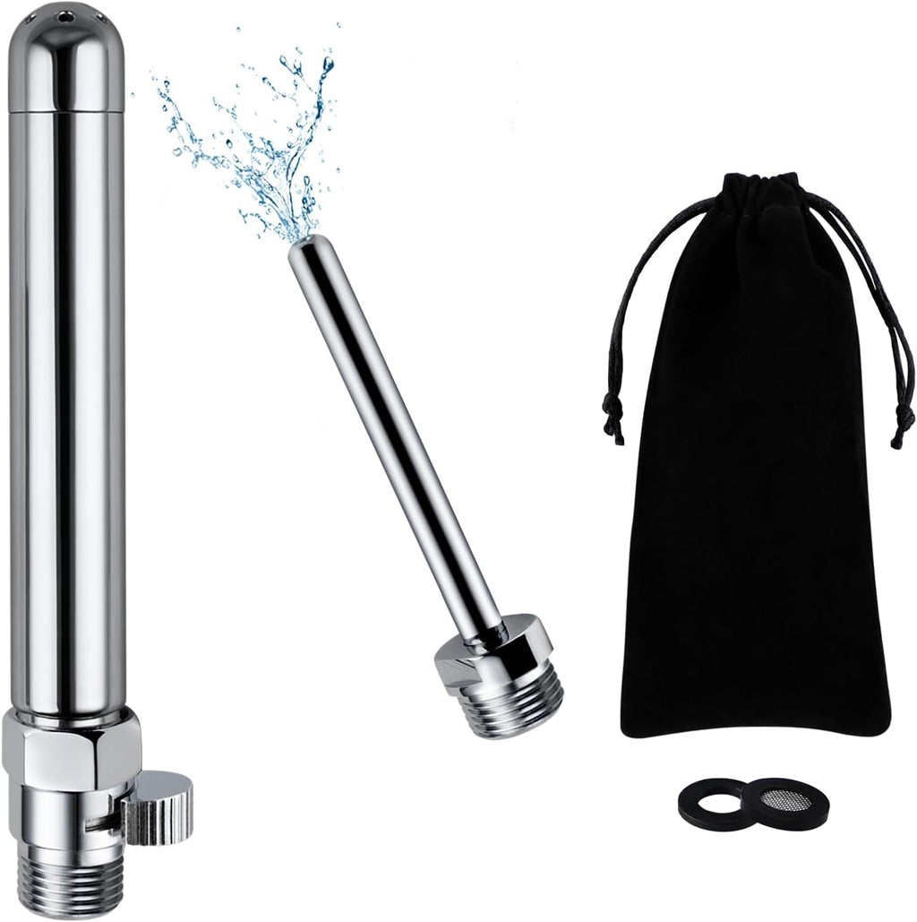 V-Frankness Shower Enema Kit front view showing polished chrome nozzle and valve.