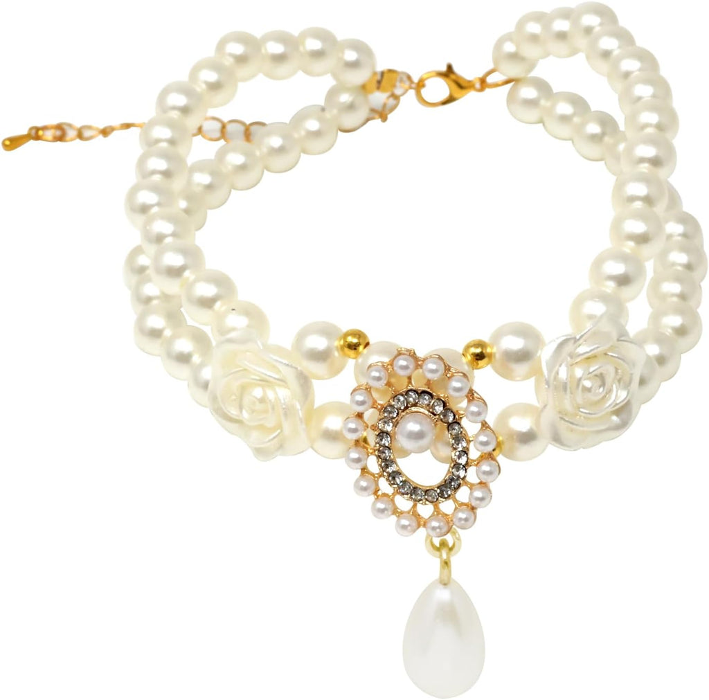 Calandis double layer pearl cat necklace front view showing elegant pet jewelry.