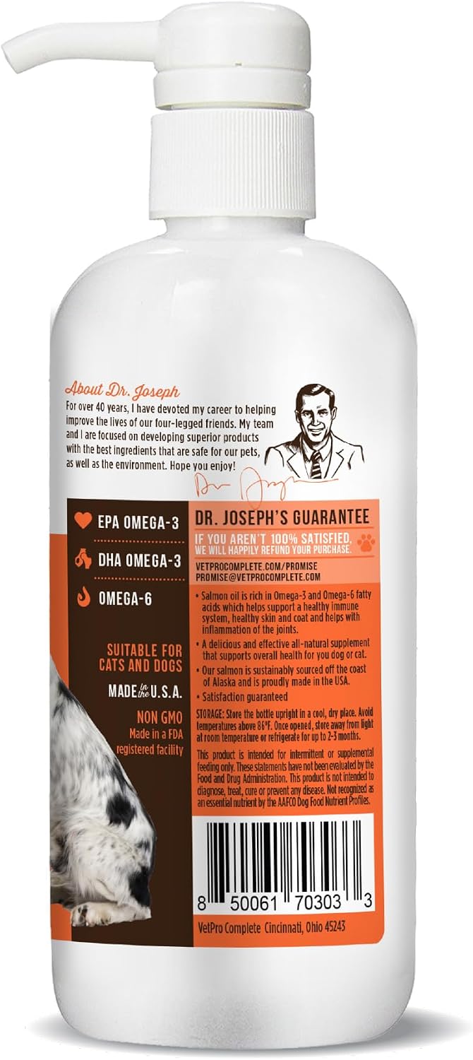 Sixteen ounce bottle of VetPro Complete wild salmon oil showing authentic product seal.