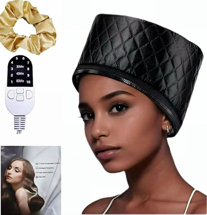 Ylmaphyree portable home hair spa cap front view showing the premium black quilted design.