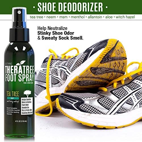 Application of cooling foot spray on tired feet for itch relief.