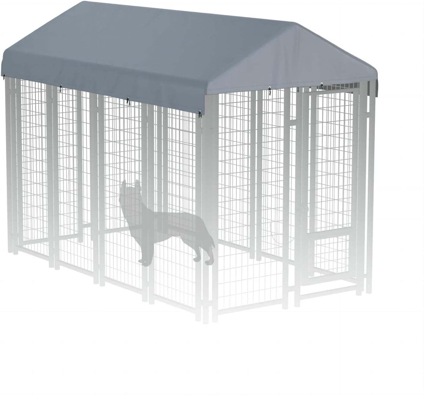 MDHAO dog kennel cover front view showing gray waterproof fabric canopy over outdoor frame