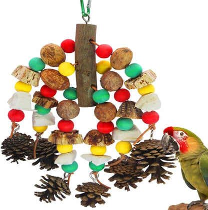 MQUPIN natural wooden parrot toy front view hanging inside a clean bird cage setup
