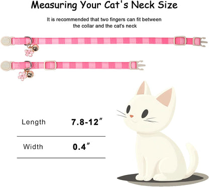 Two pack pink plaid and floral pattern cat collars displayed side by side