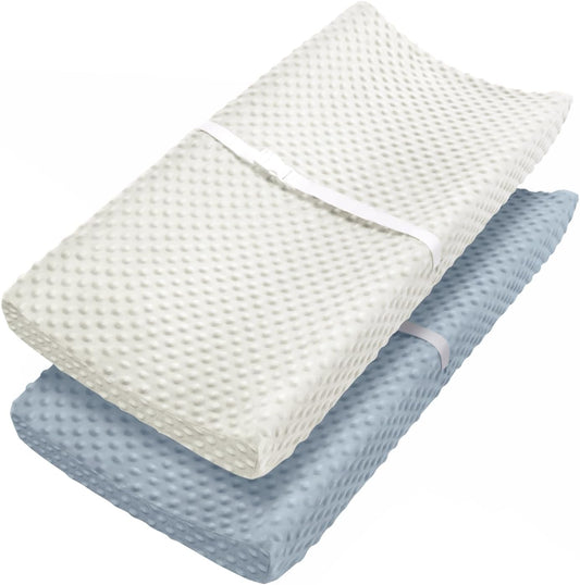 Babebay changing pad cover 2 pack front view in blue gray and lily white colors