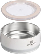 Insulated stainless steel dog dish with splash resistant lid closed.