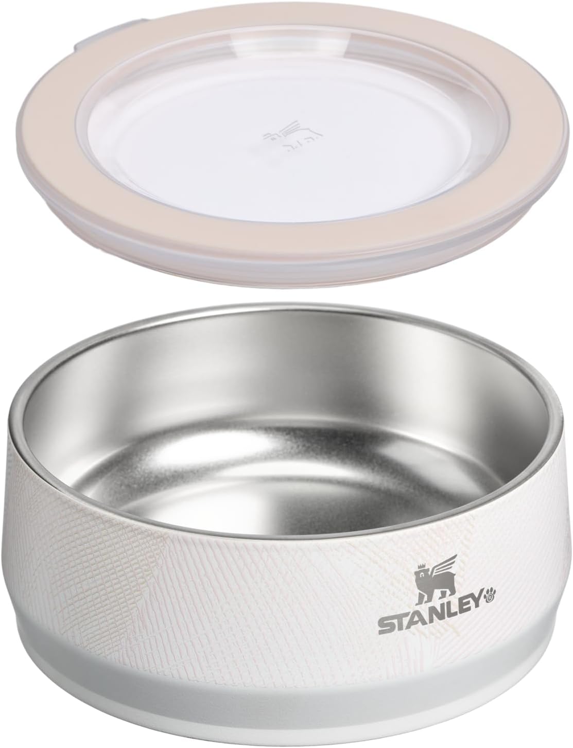 Insulated stainless steel dog dish with splash resistant lid closed.