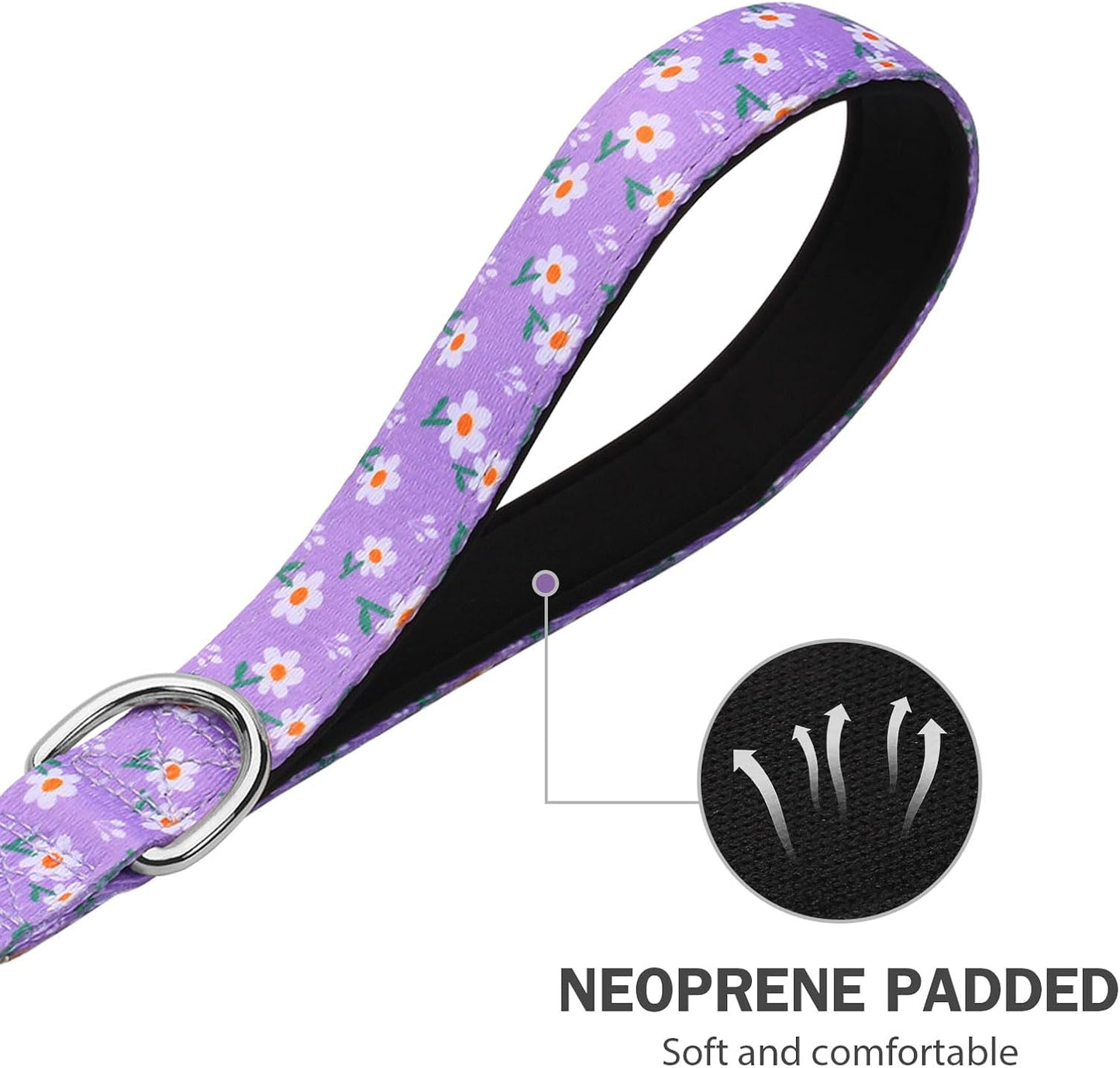 Hikiko purple floral dog leash showing the integrated metal D ring for accessories