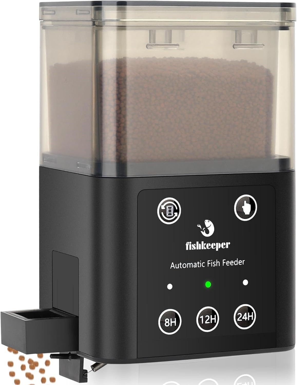 Fishkeeper automatic fish feeder front view on aquarium