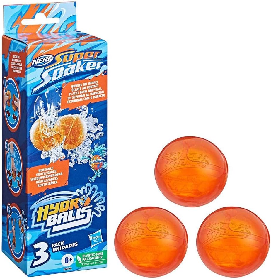 Nerf Super Soaker Hydro Balls pack of three front packaging view showing authentic reusable water balloons.