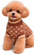 Everything Chic Luxury Dog Sweater front view showing brown monogram knit pattern