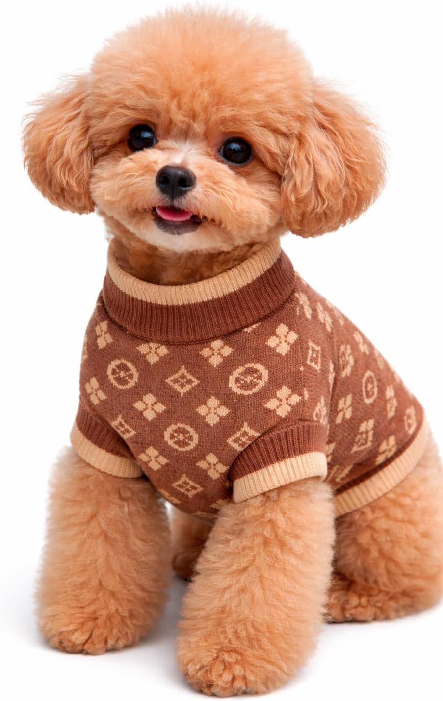 Everything Chic Luxury Dog Sweater front view showing brown monogram knit pattern