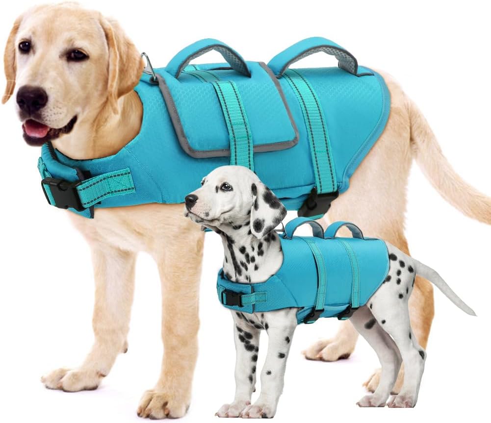 EMUST Dog Life Vest front view showing secure chest straps and bright blue color.