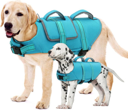 EMUST Dog Life Vest front view showing secure chest straps and bright blue color.