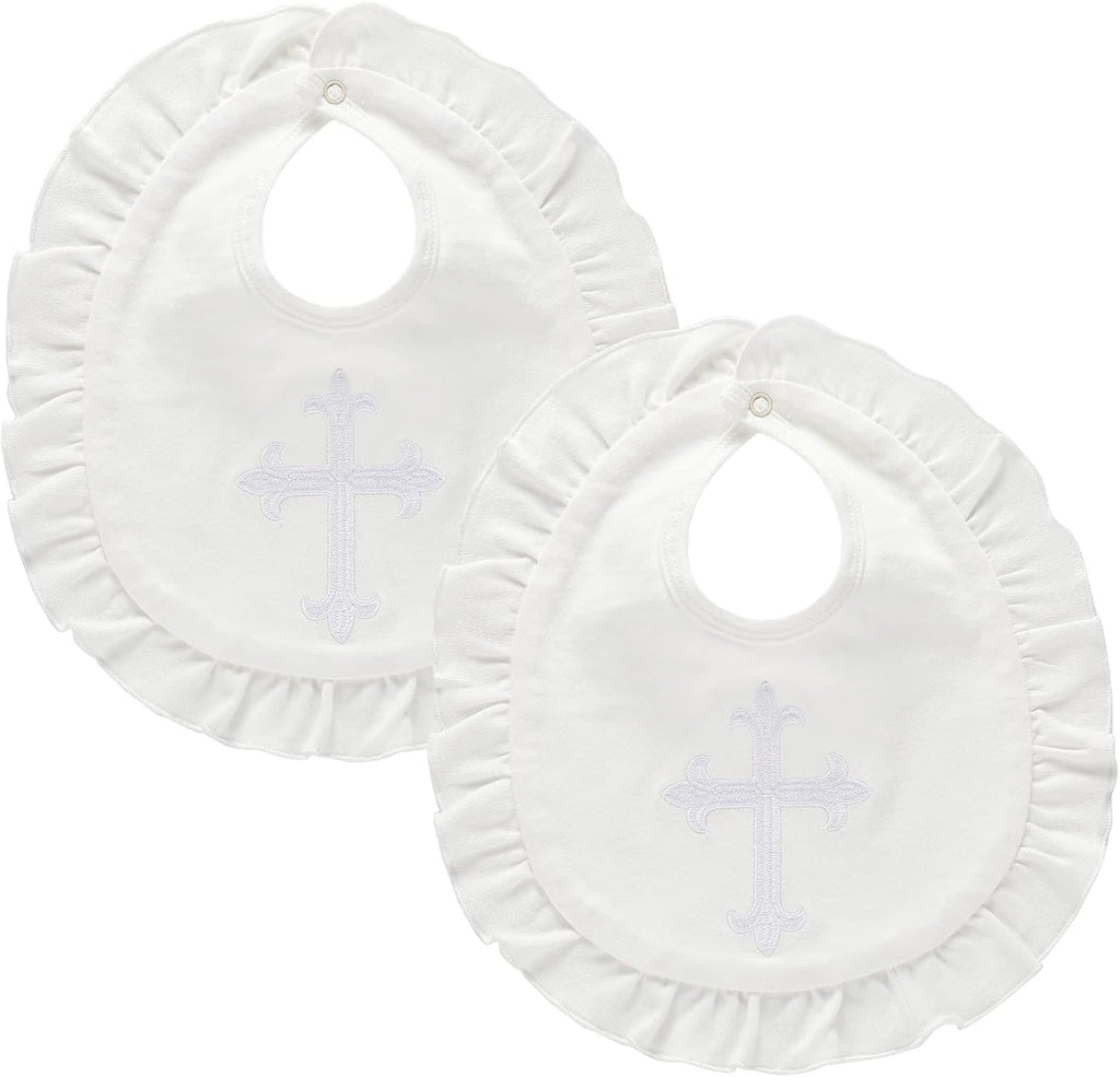 Janmercy white baptism bib set for baby girls with embroidered cross front view