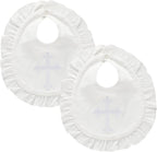 Janmercy white baptism bib set for baby girls with embroidered cross front view