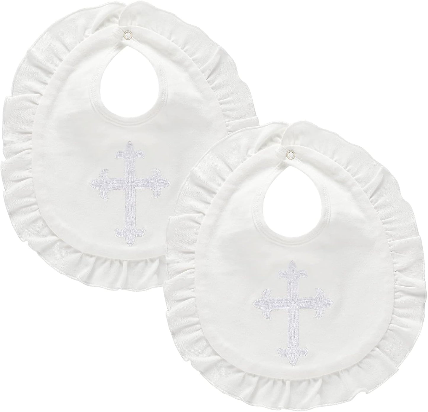 Janmercy white baptism bib set for baby girls with embroidered cross front view
