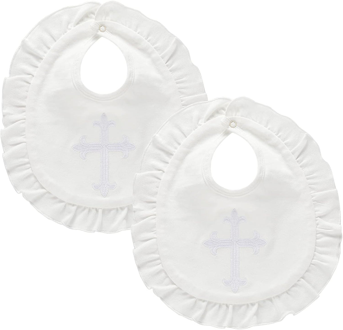 Janmercy white baptism bib set for baby girls with embroidered cross front view
