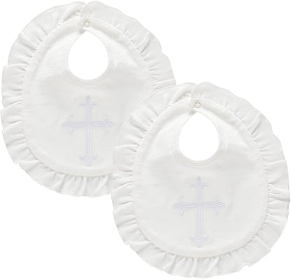 Janmercy white baptism bib set for baby girls with embroidered cross front view