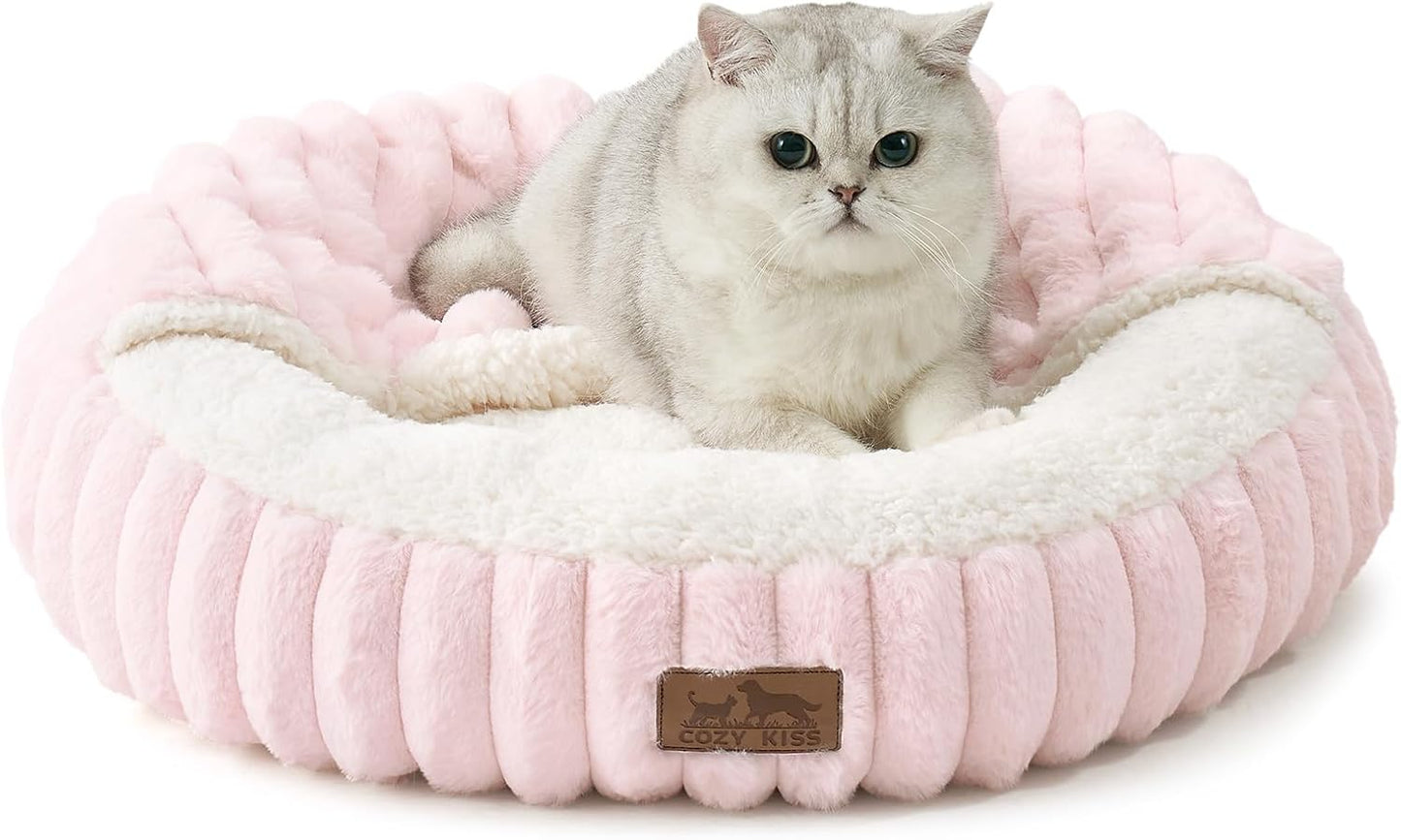 COZY KISS Hooded Blanket Cat Bed - 20"x20" Round Fluffy Donut Cuddler for Cats & Toy Dogs, Anti-Anxiety Faux Fur Pet Bed, Machine Washable with Non-Slip Bottom, Cream - Image 14