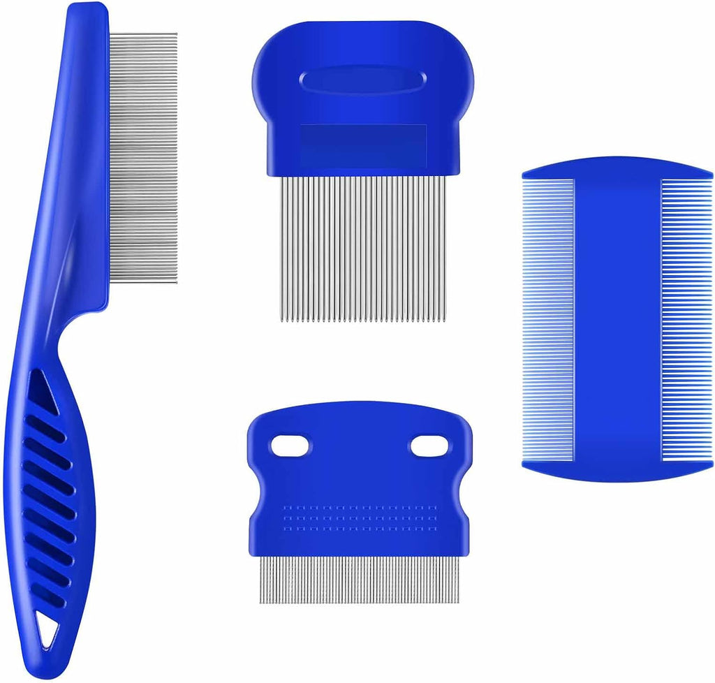 Brillirare 4 Pack Flea Lice Comb set front view displaying all four blue grooming tools for professional pet care.