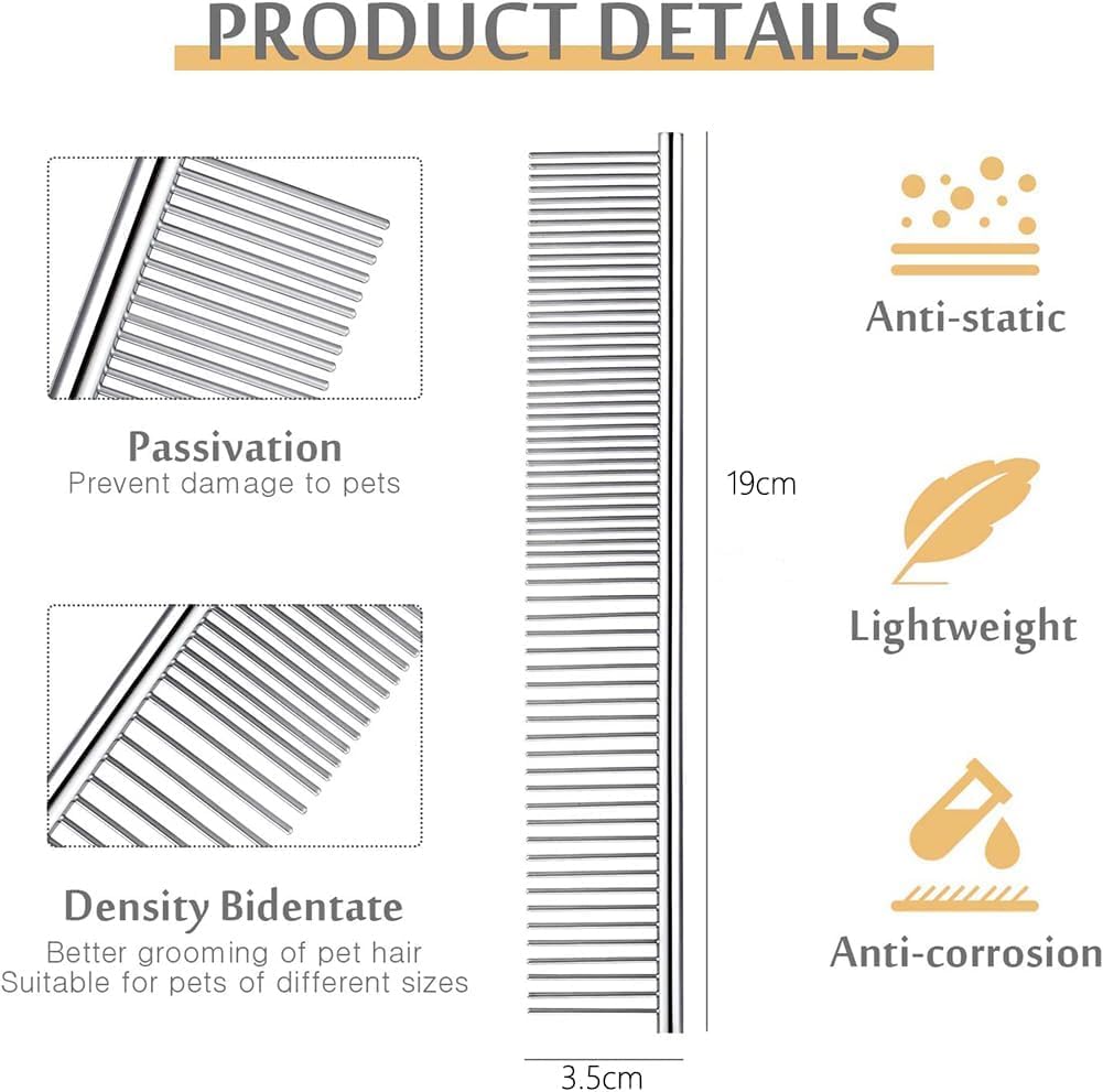 Stainless steel pet dematting comb showing dual wide and fine teeth spacing