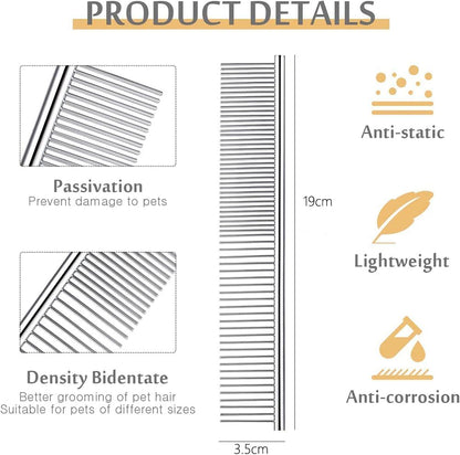 Stainless steel pet dematting comb showing dual wide and fine teeth spacing