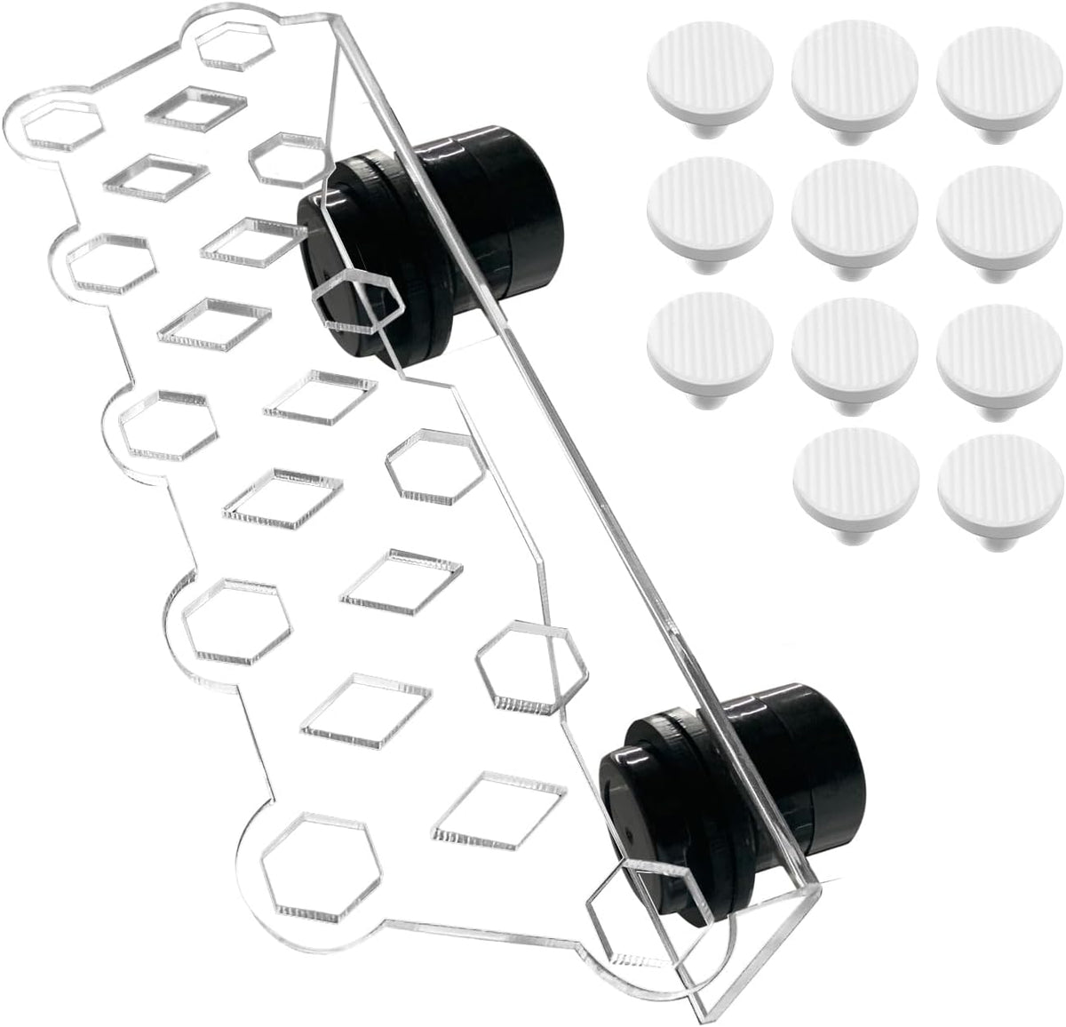 Aquarium Choice coral plug holder front view showing the transparent eleven hole acrylic frag rack structure.