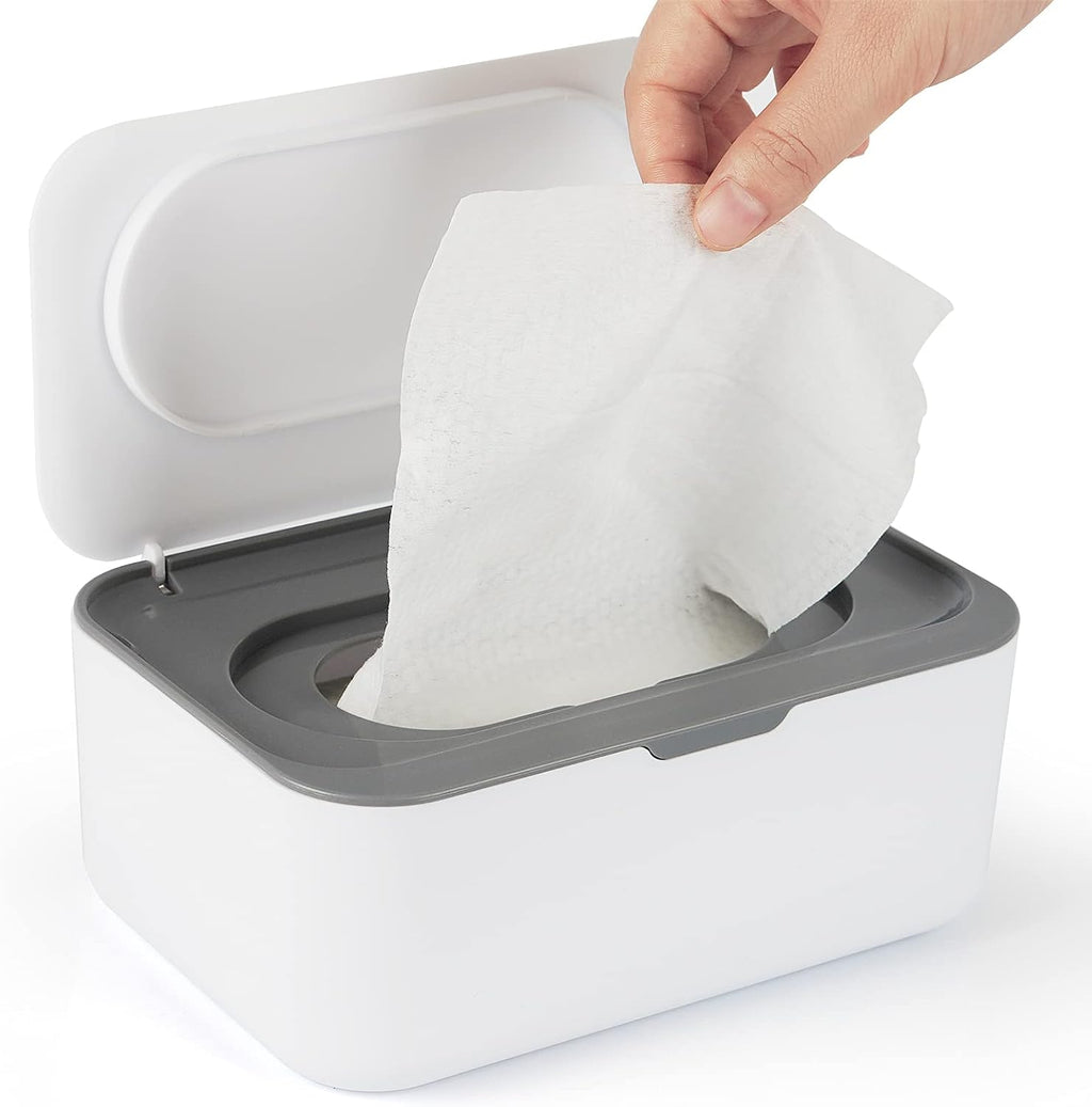 Flenpptly baby wipes dispenser gray front view on changing table