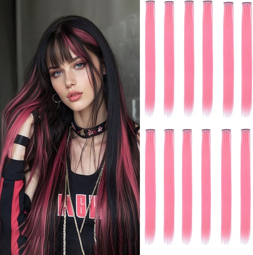 GZVIS 12 piece pink hair extensions front view showing full 22 inch length