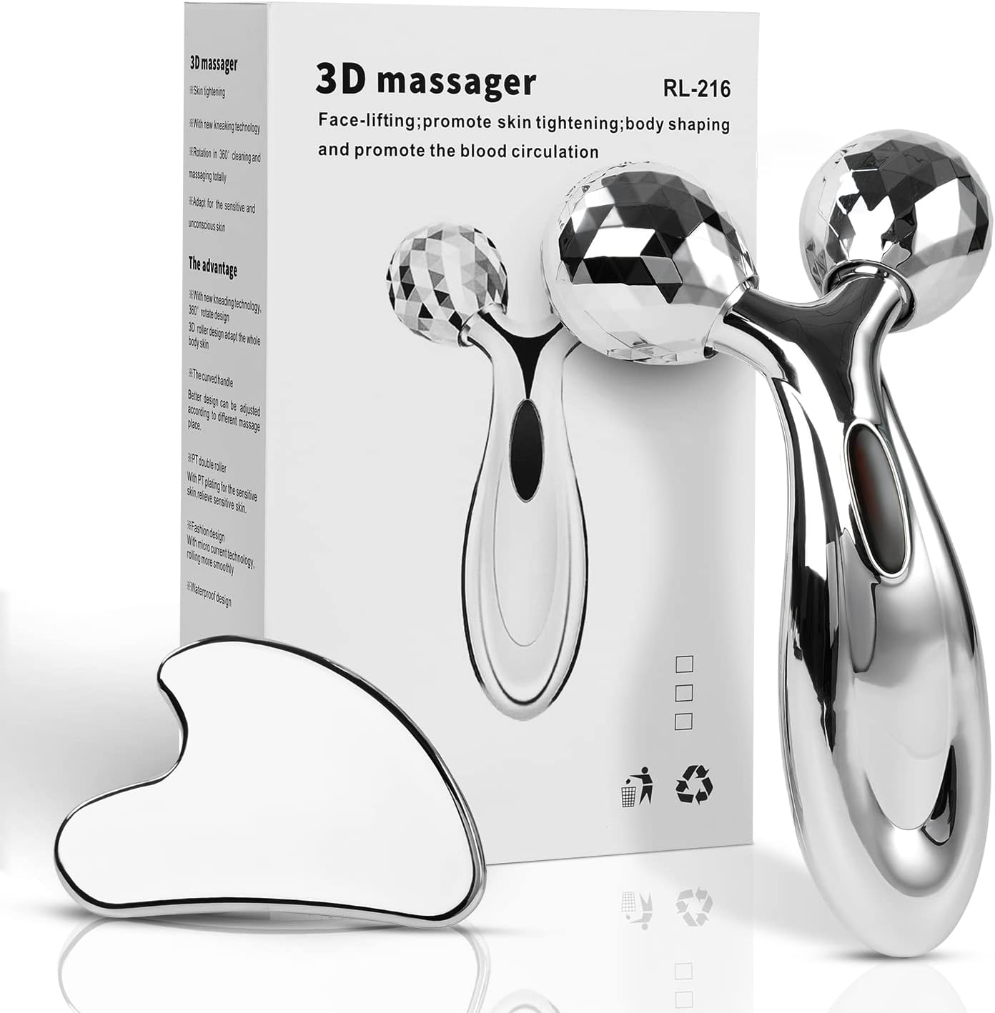 Lanfixilly stainless steel gua sha and face roller set front view professional facial sculpting tools