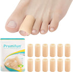 Promifun silicone toe protectors front view package containing twelve beige gel sleeves for corn and blister relief