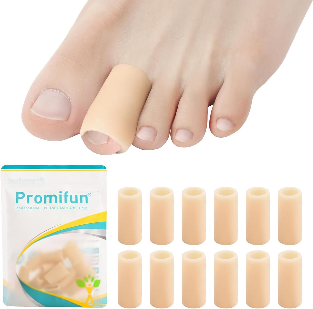 Promifun silicone toe protectors front view package containing twelve beige gel sleeves for corn and blister relief