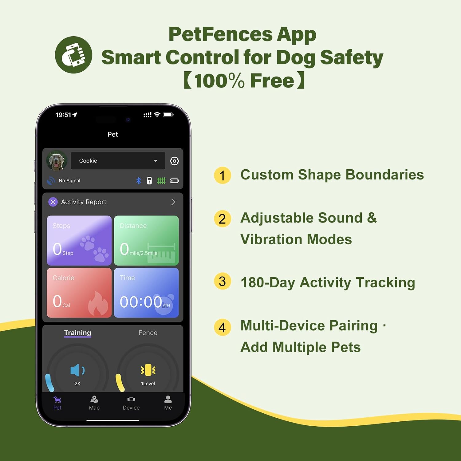 Wireless pet fence transmitter remote control with dedicated buttons for tone and vibration.