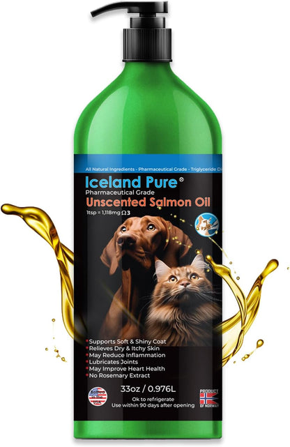 Back label view of the Iceland Pure salmon oil outlining the daily dosage guidelines by pet weight.
