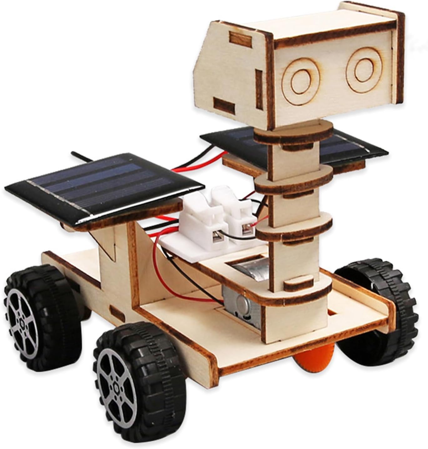 Rudra Retails DIY Solar Space Moon Rover Model front view showing the assembled wooden chassis and solar panel mechanism.