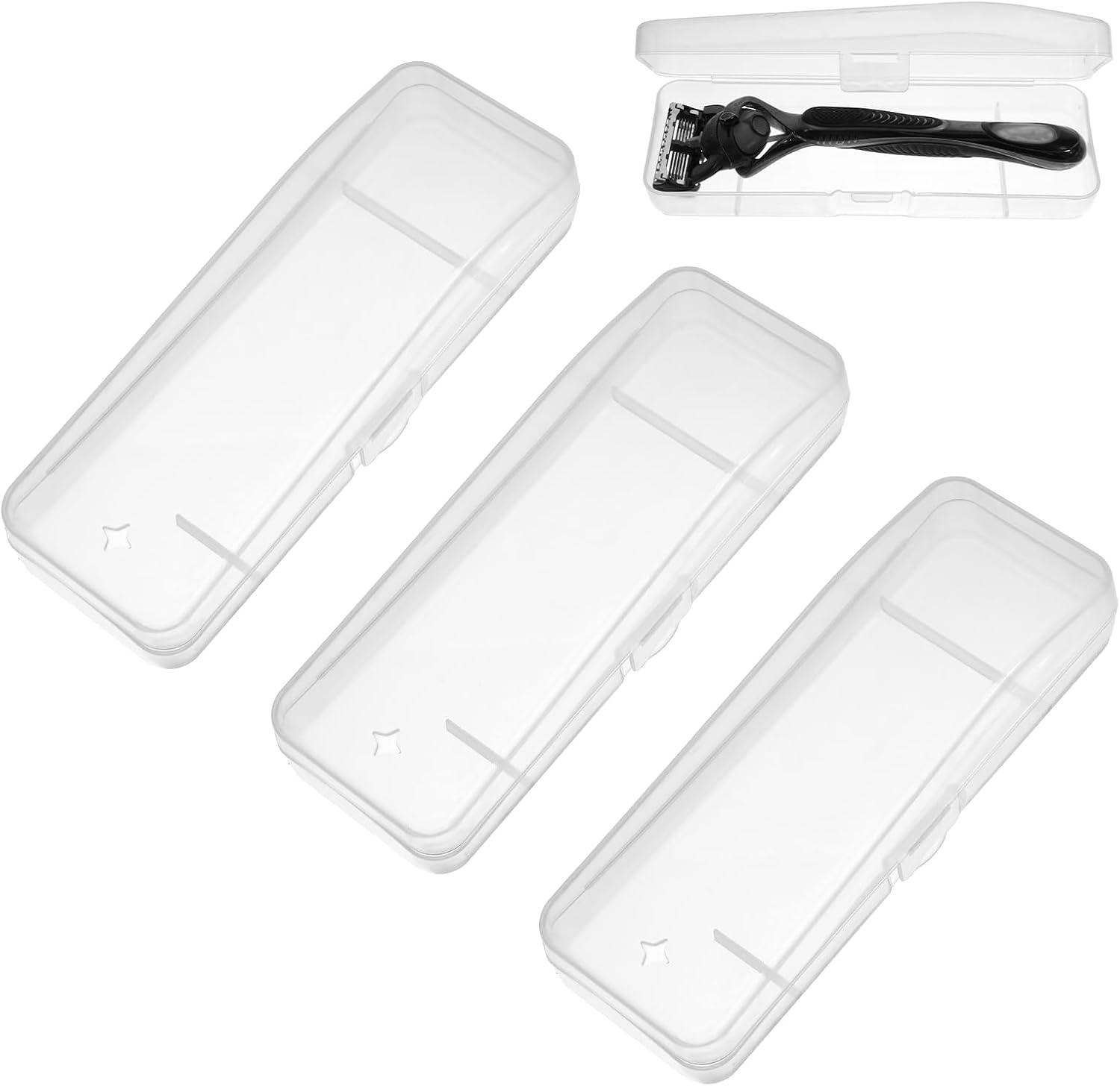 Psyqtsuary manual razor travel case front view showing clear plastic design