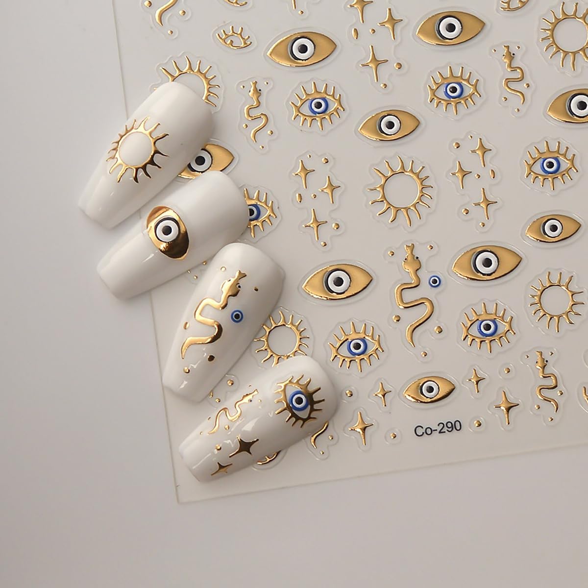 Hpyfoi Gold Evil Eye 3D Nail Art Stickers front view