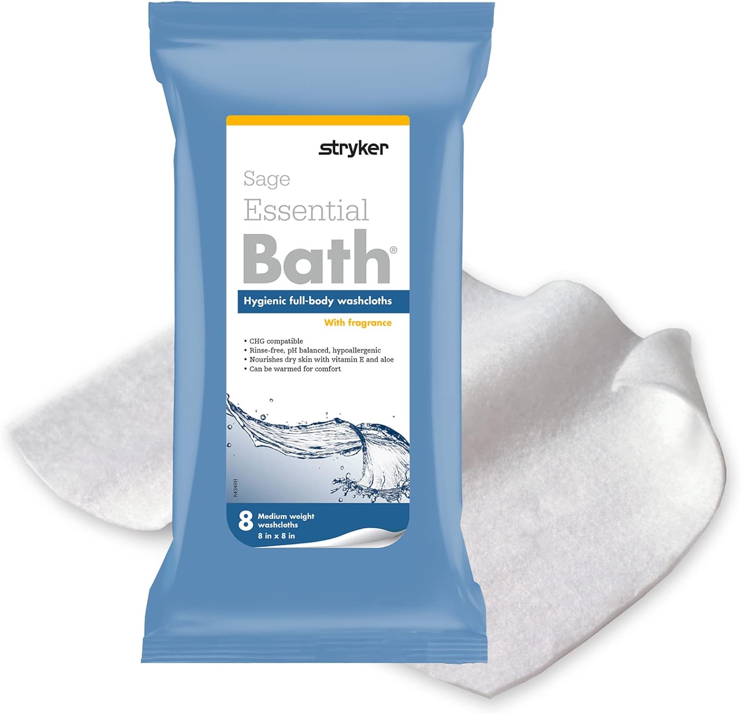 Sage Stryker Essential Bath Cleansing Washcloths front packaging containing eight rinse free wipes for adult patient hygiene