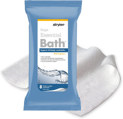Sage Stryker Essential Bath Cleansing Washcloths front packaging containing eight rinse free wipes for adult patient hygiene