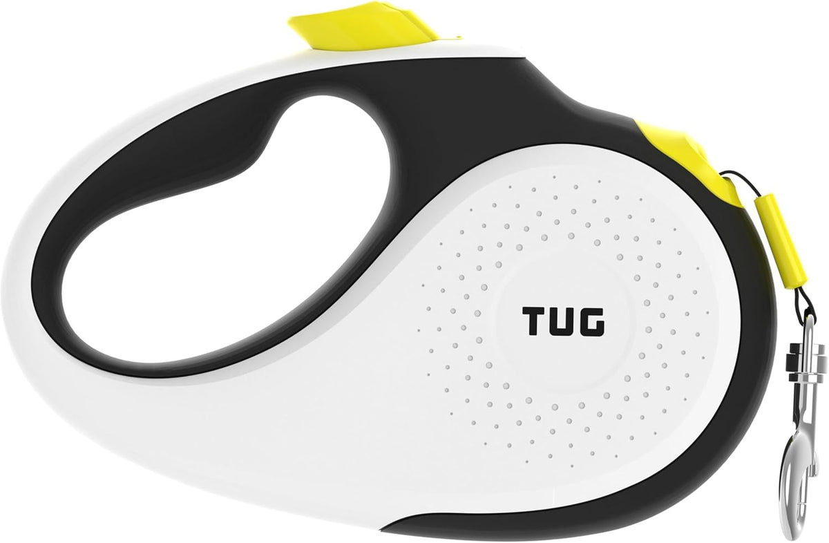 TUG brand logo on white retractable dog leash casing