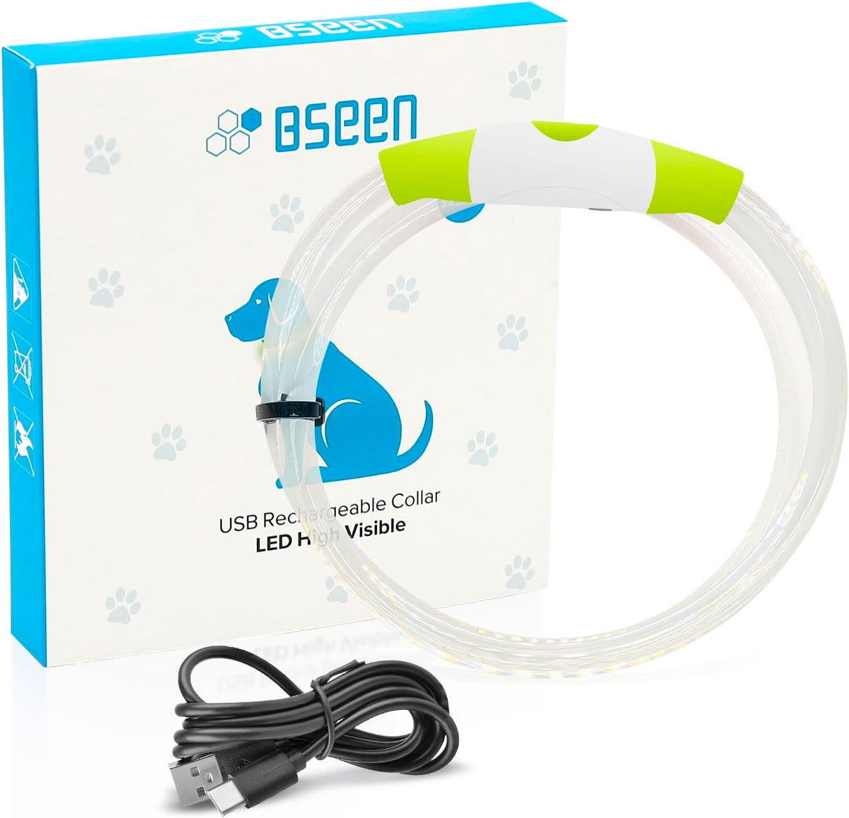 Side profile of dog wearing BSEEN green safety collar