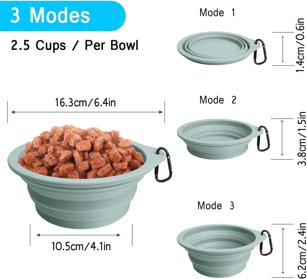PetBonus turquoise and tan silicone dog bowls with attached metal carabiner
