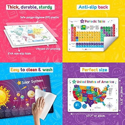 Simply Magic classroom study place mats highlighting the Solar System planets and human anatomy diagrams.