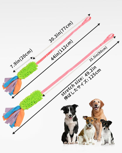Dimensional diagram of the SCHITEC pet toy showing relaxed and stretched handle lengths